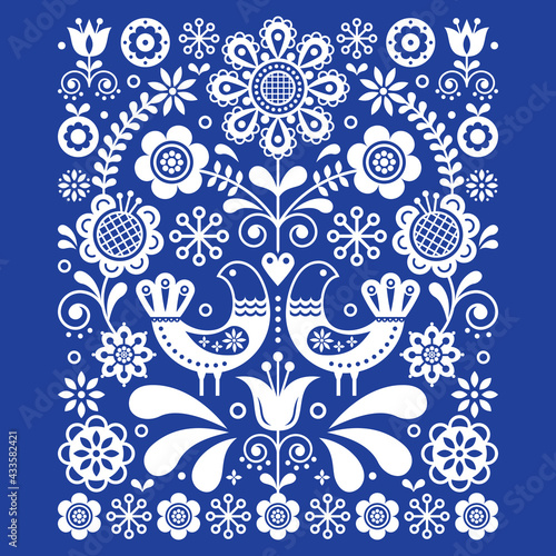 Scandinavian cute folk art vector decoration with birds and flowers, Scandinavian floral pattern in white on navy blue
