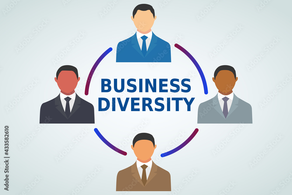 Business diversity illustration vector isolated on white background. Text, lines, cartoon business people in different suit dress. Teamwork concept. Business diversity illustration vector isolated on white background. Text, lines, cartoon business people in different suit dress. Teamwork concept.