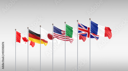 Big Seven. Flags of countries of Group of Seven Canada, Germany, Italy, France, Japan, USA , UK .The 47th G7 summit on 11–13 June 2021 in the United Kingdom. Grey background. 3D illustration.