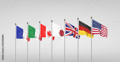 Big Seven. Flags of countries of Group of Seven Canada, Germany, Italy, France, Japan, USA , UK .The 47th G7 summit on 11–13 June 2021 in the United Kingdom. Grey background. 3D illustration. photo
