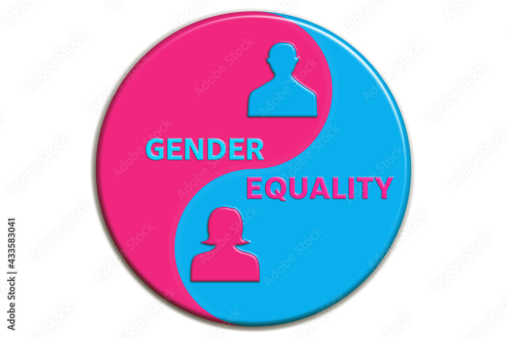 Gender equality concept illustration flat banner. Pink and blue male and female icons into a ying yang. Equal opportunities, equity concept. Gender equality concept illustration flat banner. Pink and blue male and female icons into a ying yang. Equal opportunities, equity concept.