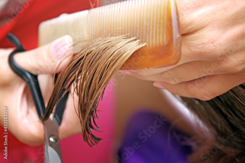 Hand of hairdresser cuts hair of woman close up in beauty salon.