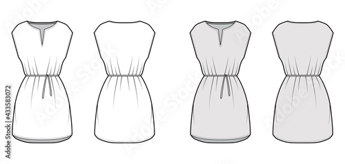 Dress tunic technical fashion illustration with tie, sleeveless, oversized body, mini length skirt, slashed neck. Flat apparel front, back, white, grey color style. Women, men CAD mockup