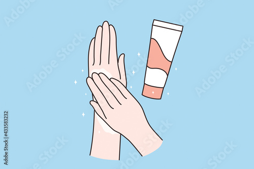 Skincare, hand cream concept. Human hands applying moisturizing hand cream for skincare treatment over blue background vector illustration 