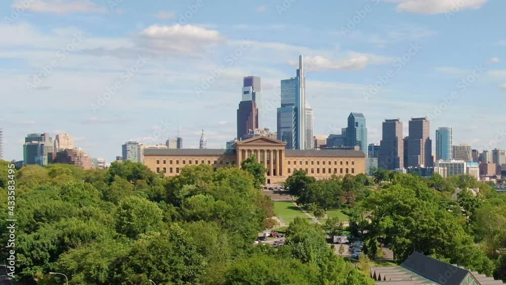Museum of Art in Philadelphia, with skyscrapers and City Hall in the background. Aerial Museum of Art in Philadelphia, with skyscrapers and City Hall in the background. Aerial