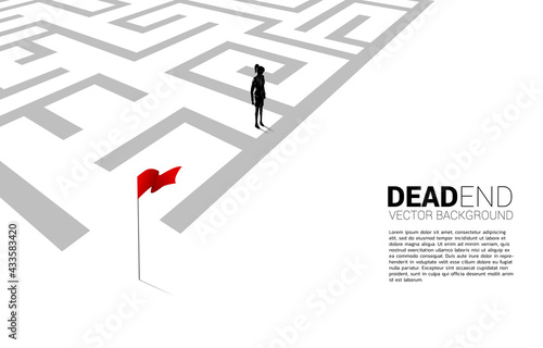 Silhouette of businesswoman at dead end of maze. Business concept for problem and wrong decision.
