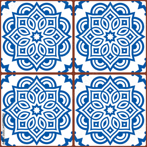 	
Moroccan mandala tile seamless vector pattern in blue on white background, gometric ornamental wallpaper, textile or fabric print decor
