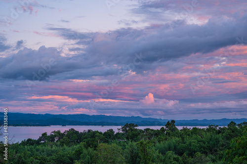 Beautiful landscape view and sunset from viewpoint of  Huai mae khamin waterfall Srinakarin national park at Kanchanaburi thailand. photo