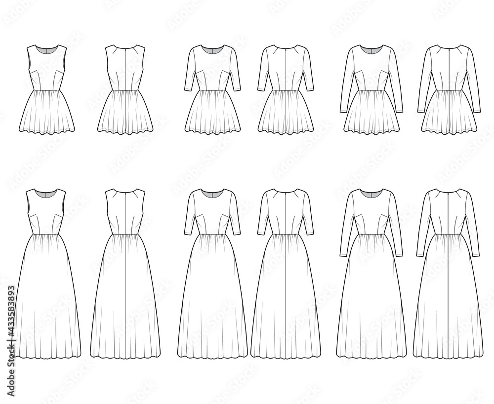 Set of dresses short long technical fashion illustration with long medium short sleeve, fitted body, floor length full skirt. Flat apparel front, back, white color style. Women, men unisex CAD mockup Set of dresses short long technical fashion illustration with long medium short sleeve, fitted body, floor length full skirt. Flat apparel front, back, white color style. Women, men unisex CAD mockup