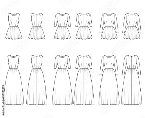 Set of dresses short long technical fashion illustration with long medium short sleeve, fitted body, floor length full skirt. Flat apparel front, back, white color style. Women, men unisex CAD mockup