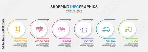 Concept of shopping process with 6 successive steps. Six colorful graphic elements. Timeline design for brochure, presentation, web site. Infographic design layout.