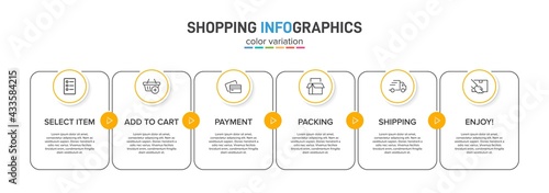 Concept of shopping process with 6 successive steps. Six colorful graphic elements. Timeline design for brochure, presentation, web site. Infographic design layout.
