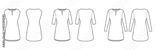 Set of dresses tunic technical fashion illustration with long elbow sleeves, oversized body, mini length skirt, slashed neck. Flat apparel front, back, white color style. Women, men unisex CAD mockup