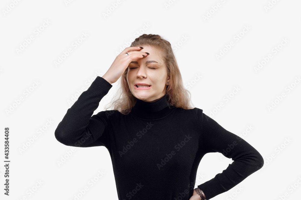 Nervous young woman making mistake, look upset, touch head, forgot or remember, being guilty, feeling awkward Nervous young woman making mistake, look upset, touch head, forgot or remember, being guilty, feeling awkward