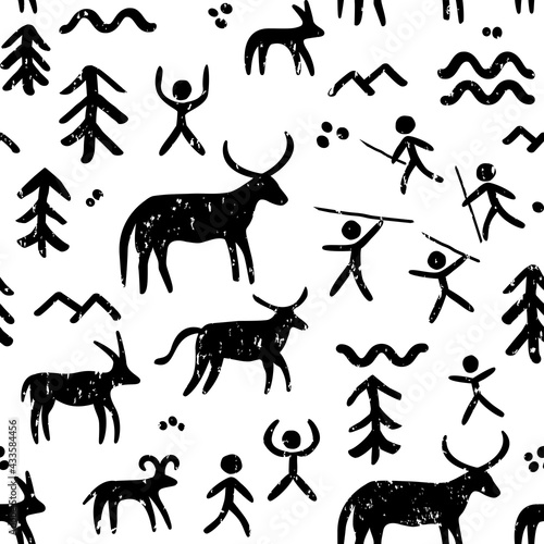 Cave paintings vector seamless pattern, black and white repetitive background inspired by prehistoric art with cavemen hunting animals
