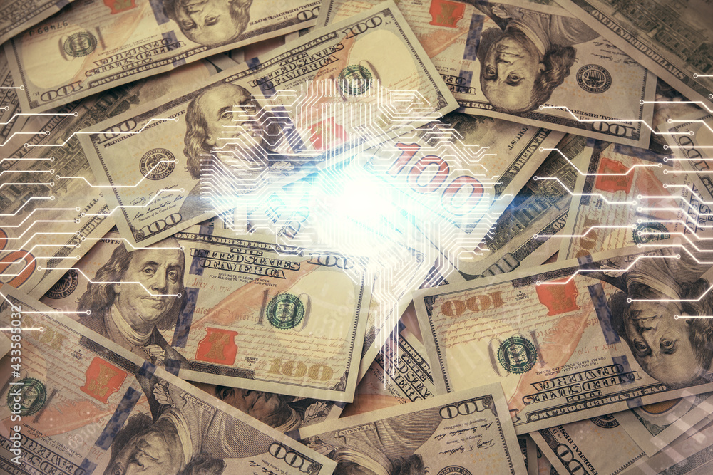 Double exposure of brain drawing over us dollars bill background. Technology concept. Double exposure of brain drawing over us dollars bill background. Technology concept.