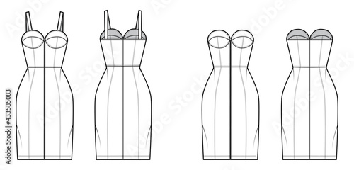 Set of dresses Zip-up tube denim technical fashion illustration with bustier, sleeveless, strapless, fitted body, knee length skirt. Flat apparel front, back white color. Women, men unisex CAD mockup