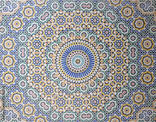 decorative ceramic mosaic  in an old abandoned house, made in typical traditional Arabic style