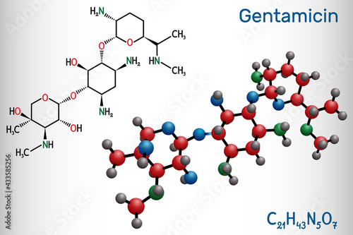 Gentamicin molecule. It is broad-spectrum aminoglycoside antibiotic. Structural chemical formula and molecule model