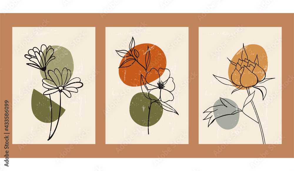 A set of three minimalist pastel posters. Backgrounds for social networks, web design, interiors. Vintage cute illustrations with flowers, plants, leaves from thin black lines on a beige background.