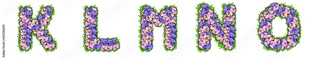 letters K, L, M, N, O made of flowers and green leaves
