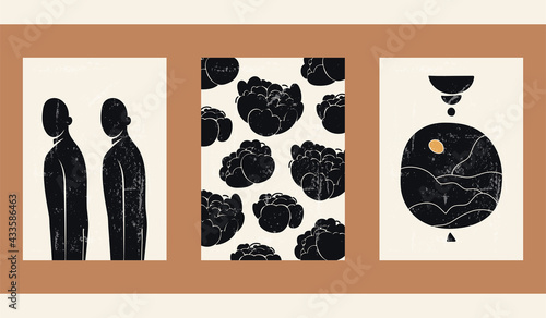 Set of three abstract minimalist aesthetic backgrounds with thin lines, floral patterns, plants, people, sun. Trendy colorful vector illustration for social networks, web design in vintage boho style.