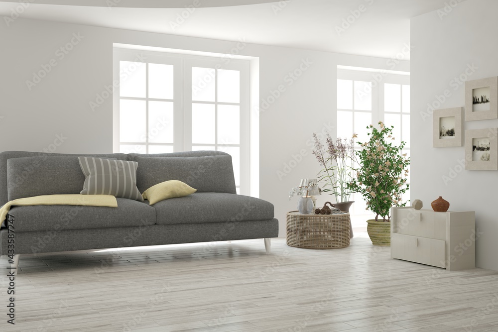 Fototapeta premium Soft color living room with sofa. Scandinavian interior design. 3D illustration