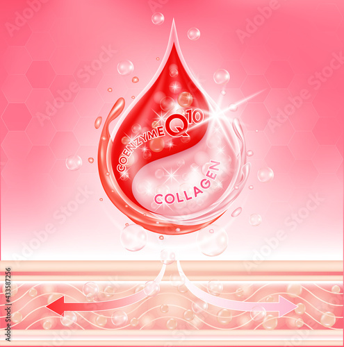 Drop serum pink collagen solution serum and red coenzyme Q10 penetrate into the skin, making the skin moist and having aura. Skin care and beauty products cosmetic type lotion cream. 3D Vector EPS10 i