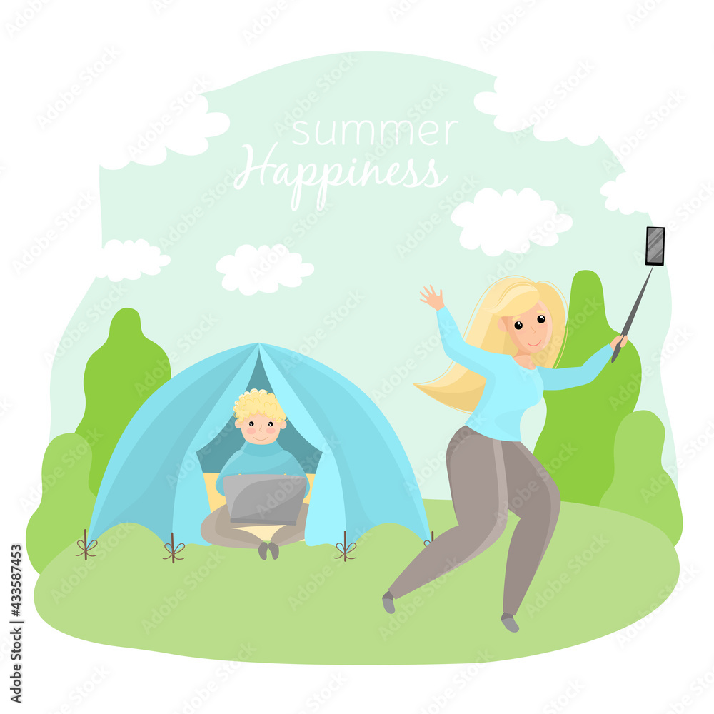 Tourist blonde girl making photograph on selfie, man sitting in blue tent, making distant work on notebook. Summer forest landscape. Travelling and camping concept