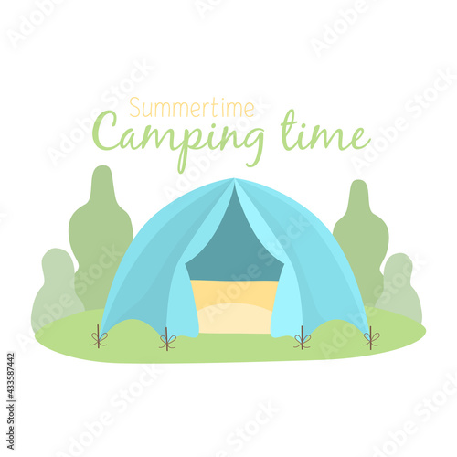 Blue flat vector tourist tent, on summer forest background, text summertime is camping time. Travelling or hiking concept