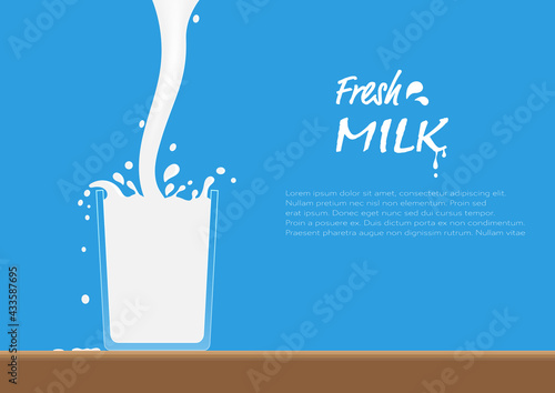 Fresh milk pouring into glass on table with splash, healthy drinking milk concept vector illustration