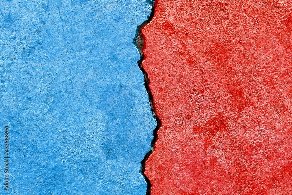 Abstract Bipartisan politics election conflicts concept, blue vs red colors on cracked wall background, e.g., US, UK or EU political parties disagreement competition relationship - obrazy, fototapety, plakaty 