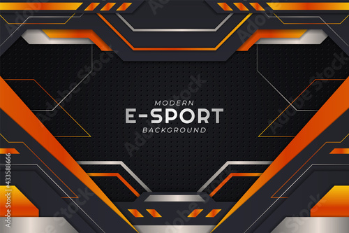 Futuristic Modern Gaming Style Banner Concept with Orange and Metallic Grey Background