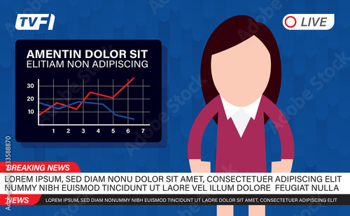 Vector Tv news. Moderator in TV studio breaking news - live stream.