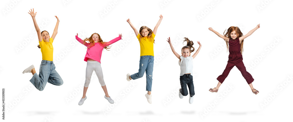 Art collage made of portraits of little and happy kids isolated on white studio background. Human emotions, facial expression concept Art collage made of portraits of little and happy kids isolated on white studio background. Human emotions, facial expression concept