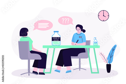 Woman at doctor appointment. Girl discusses vaccination with nurse. Tube with vaccine against coronavirus. Patient at reception. Interior of medical office. Disease prevention. Vector illustration 