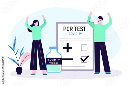 Characters rejoice at negative PCR test. Ampoule with vaccine against coronavirus. Happy people with test results. Testing population for covid-19. Disease infection diagnostics. Vector illustration