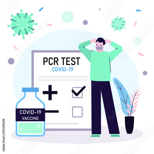 Male character received results of PCR test. Guy upset with positive result. Bottle with vaccine against covid-19. Unhappy man in respirator. Testing population for coronavirus. Vector illustration