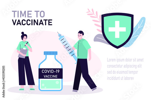 Doctor holds syringe with dose of antiviral drug. Vaccination of population against coronavirus. Time to vaccinate, landing page template. Immunization, healthcare concept. Flat vector illustration