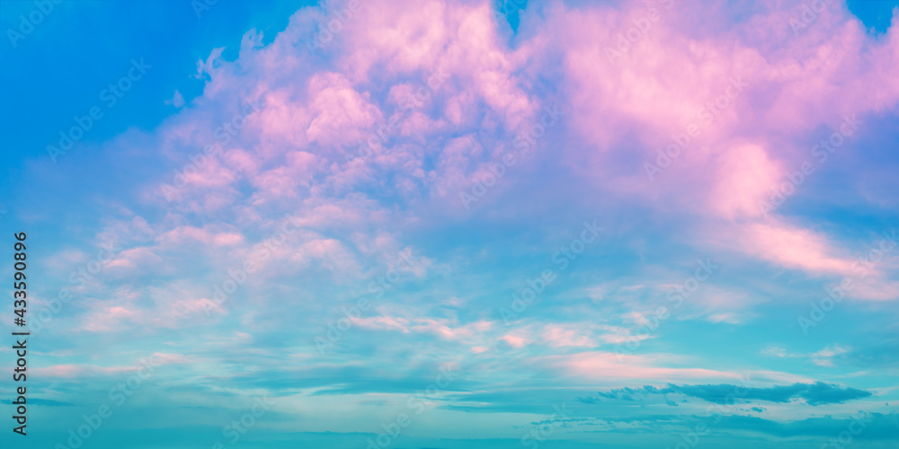 Colorful cloudy sky at sunset. Gradient color. Sky texture, abstract nature background. Poster Banner. Copy space. Sky panorama