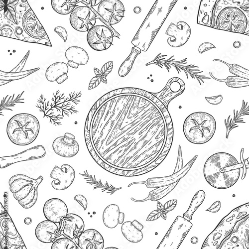 Pizza ingredients background. Linear graphic. Tomato, garlic, basil, olive, pepper, mushroom, leaf. Seamless pattern.