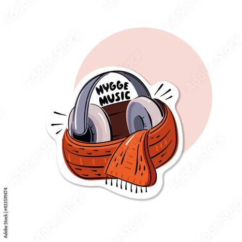 Headphones in a knitted scarf. The concept of hygge music. Cartoon style. Template for the sticker.  Vector illustration, isolated.