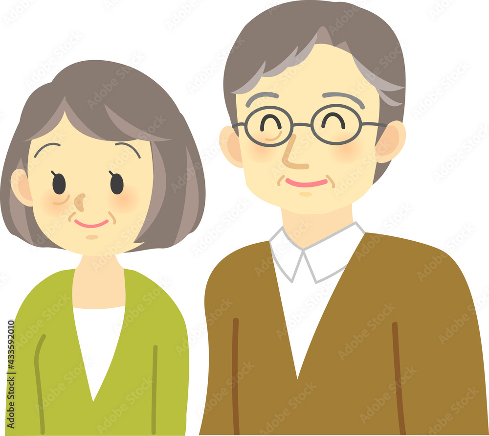 イラスト素材:老夫婦が明るい表情で同じ方向を向く場面　話を聞く
