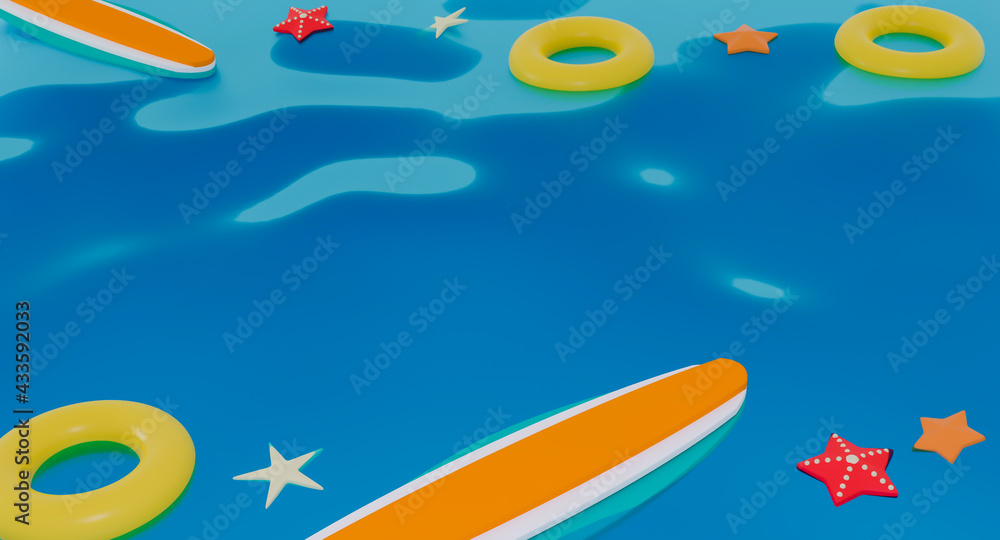 3D Render summer pool background. inflatable rings, Surfboard and starfishes floating on water with copy space