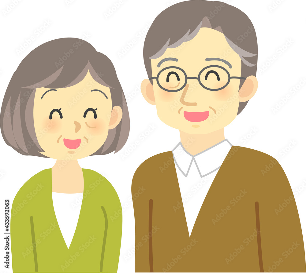 イラスト素材:老夫婦が向かい合って明るい表情で笑いあう幸せな場面
