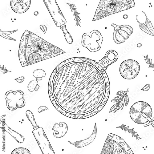 Pizza ingredients background. Linear graphic. Tomato, garlic, basil, olive, pepper, mushroom, leaf. Seamless pattern.