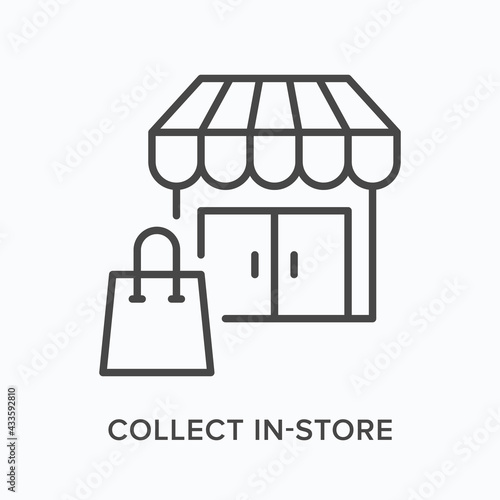 Collect in store flat line icon. Vector outline illustration of store and shopping bag. Black thin linear pictogram for secure commerce