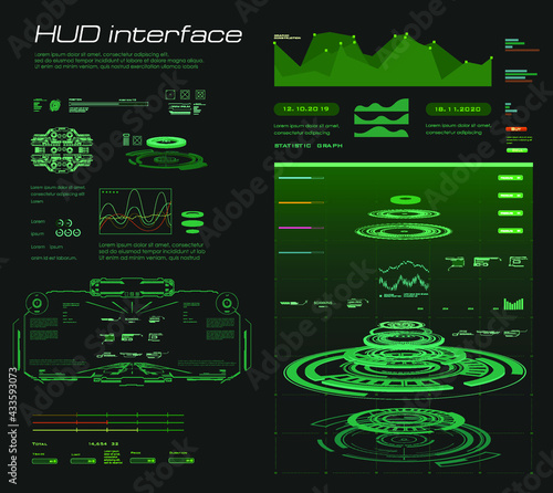 Futuristic green interface HUD, GUI, UI. Custom panel with green portals hologram and object scanning function. Virtual graphical user interface