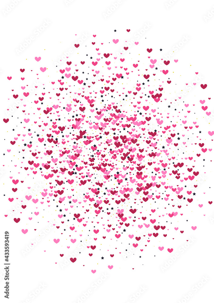 Red Falling Circle Backdrop. Pink Valentine Illustration. Heart Explosion Frame. Purple Star Isolated. Grid Background.