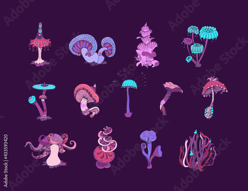 Beautiful fantasy mushrooms set. Magic mushrooms of various shape, unusual nature elements on dark background. Hand drawn concept. Vector illustration.